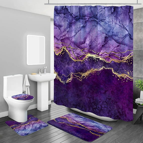 4 Pcs Purple Marble Shower Curtain Sets with Rugs, Lavender Gold Texture Bathroom Sets with Shower Curtain and Rugs and Accessories, Modern Lilac Bathroom Curtain Sets with Mats