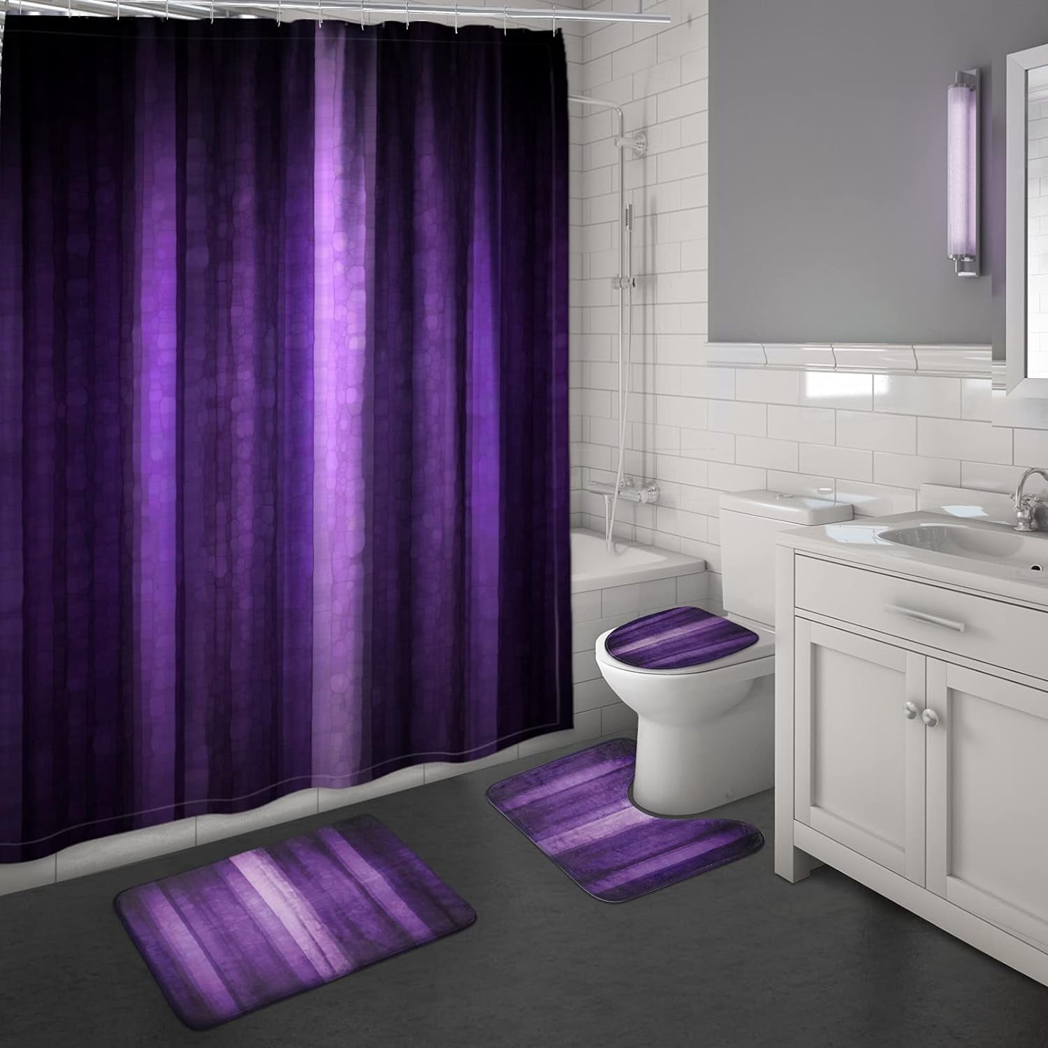 4 Pcs Purple Shower Curtain Sets with Rugs, Neon Purple Bathroom Sets with Shower Curtain and Rugs and Accessories, Modern Dark Purple Stripe Bathroom Shower Curtain with Bath Mats