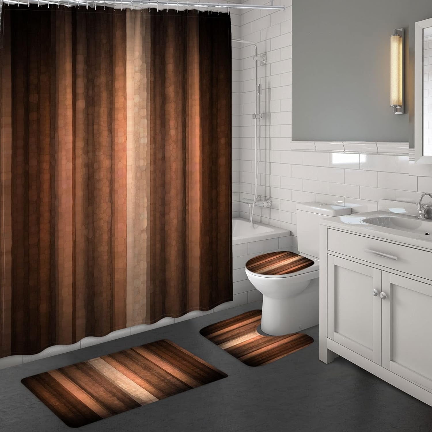 4 Pcs Purple Shower Curtain Sets with Rugs, Neon Purple Bathroom Sets with Shower Curtain and Rugs and Accessories, Modern Dark Purple Stripe Bathroom Shower Curtain with Bath Mats