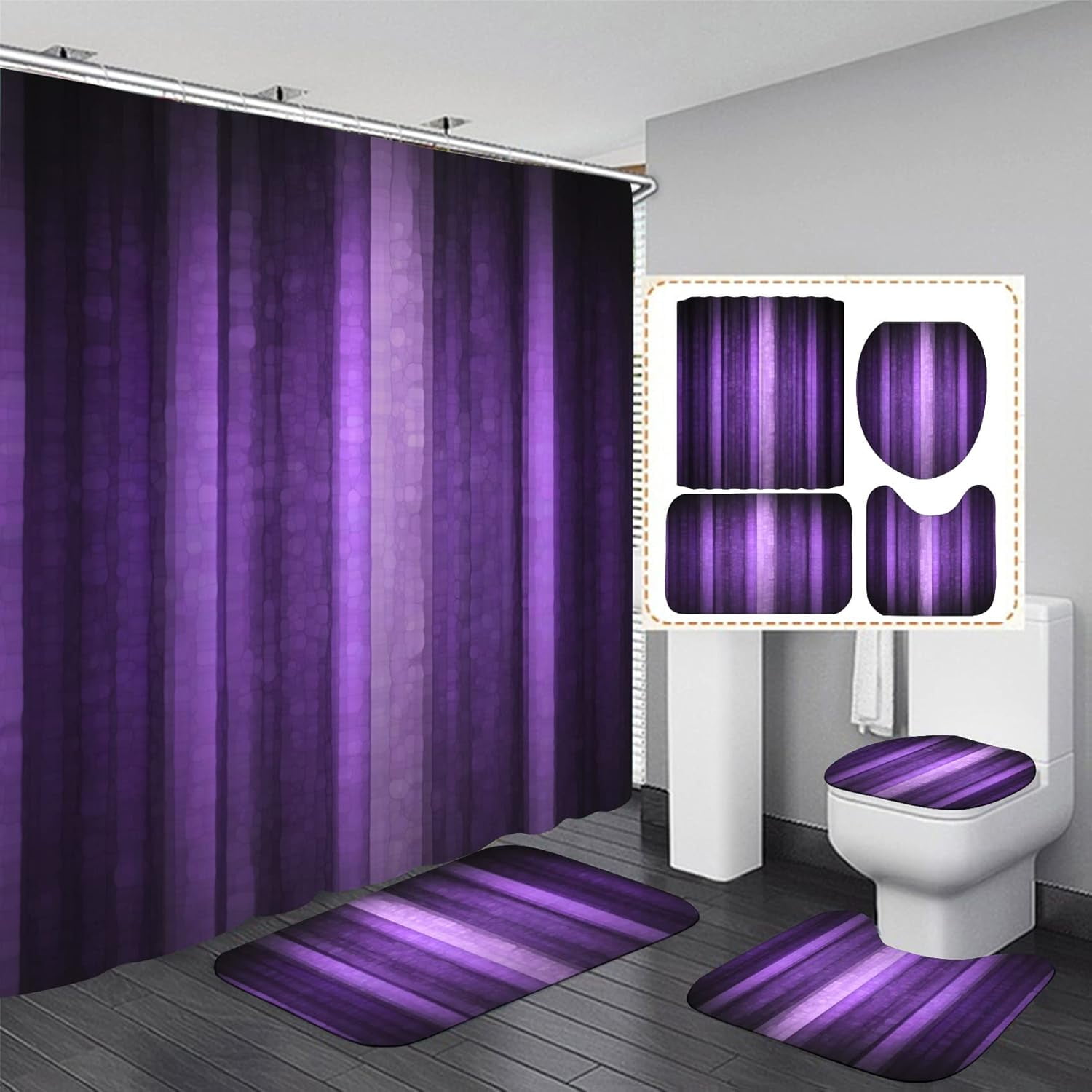 4 Pcs Purple Striped Shower Curtain Set Vintage Abstract Purple