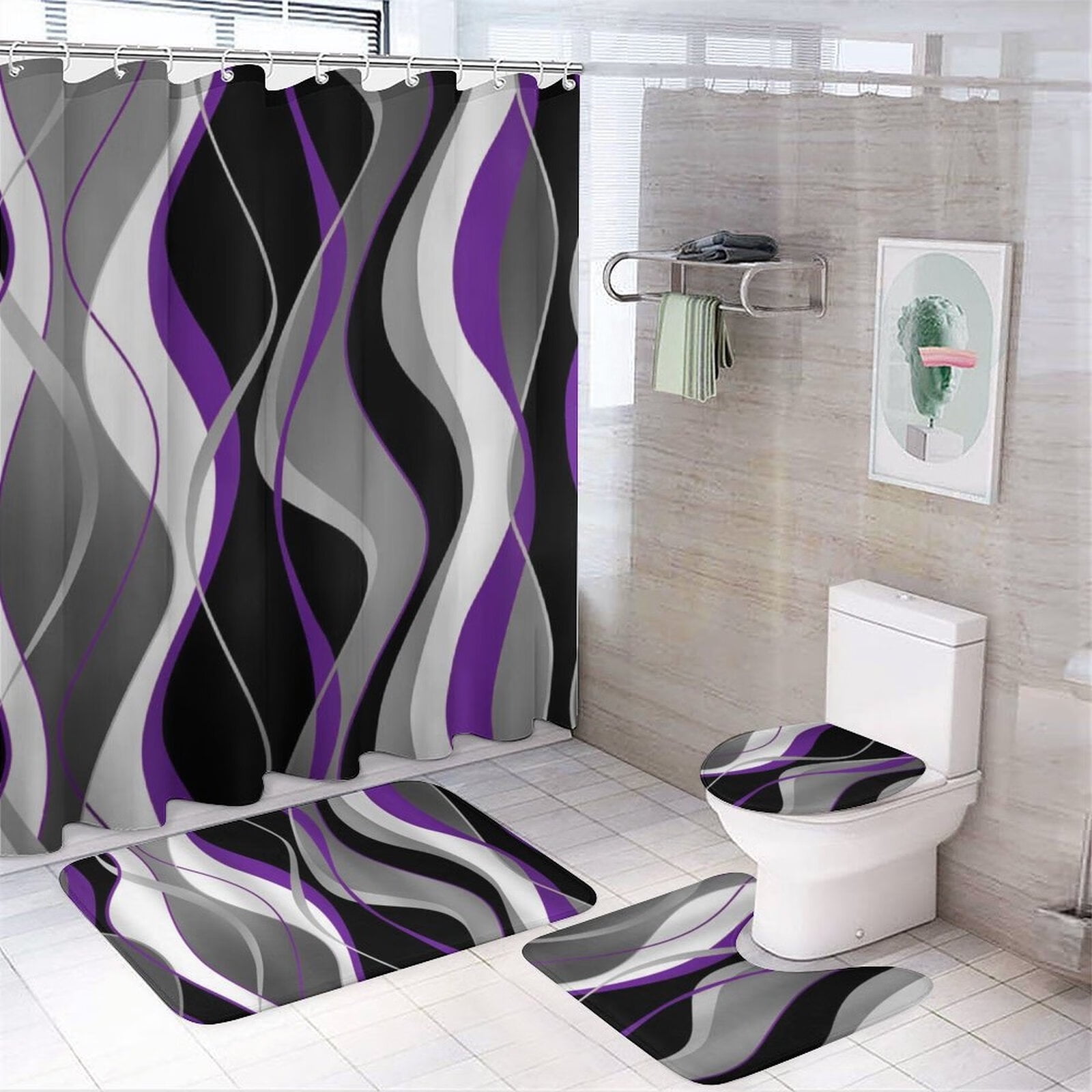 4 Pcs Purple and Black Striped Shower Curtain Set Modern Home Bathroom