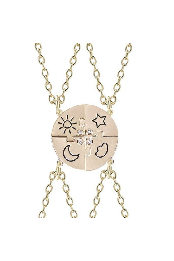 4 Pcs Puzzle Best Friend Friendship Necklaces Set with Inlaid Rhinestones, Sun, Moon, Cloud and Star, Sewing, Best Friend Pendant, Trendy Jewelry, Gift(Gold)