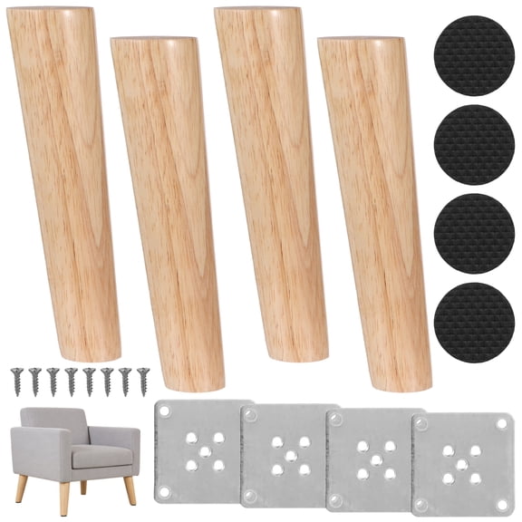 4 Pcs Quality Light Brown Solid Wood Furniture Legs, 7.9 in Sturdy Angled Cone Coffee & Sofa Legs with Anti-Slip Pads, Versatile Replacement for Cabinet, Bed, Nightstand