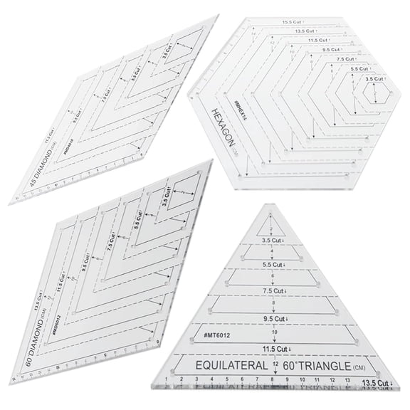 4 Pcs Quilting Rulers, Transparent Patchwork Sewing Cutting Craft Ruler, with 60 Degree Triangle and Diamond, 45 Degree Diamond, Hexagon Shape Templates Sewing DIY Tool(Transparent)