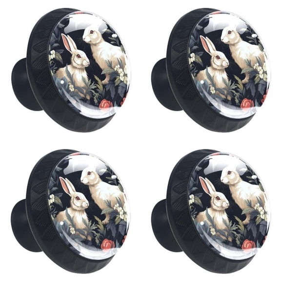 4 Pcs Rabbit Print Cabinet Knobs 30mm Round Crystal Glass Drawer Handles Pulls with Screws for Kitchen Cupboard Wardrobe Closet Dresser, Home&Office