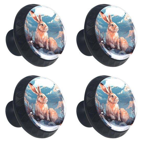 4 Pcs Rabbit Print Cabinet Knobs 30mm Round Crystal Glass Drawer Handles Pulls with Screws for Kitchen Cupboard Wardrobe Closet Dresser, Home&Office