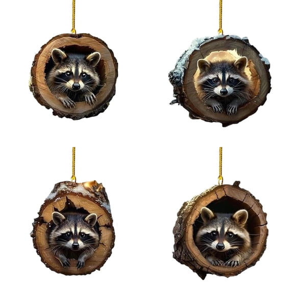 4 Pcs Raccoon Christmas Ornament Christmas Tree Animal Pattern 2D Acrylic Ornament Squirrels Raccoons Pendant Animal Decoration Christmas Decor Keepsake