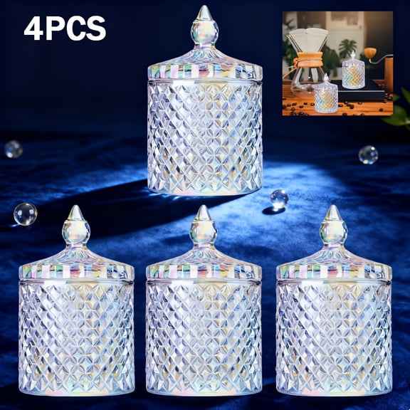 4 Pcs Rainbow Glass Storage Jars with Lids Decorative Crystal Candy Containers for Kitchen Bathroom Vanity Snack Storage Home Organization Festive Table Decor