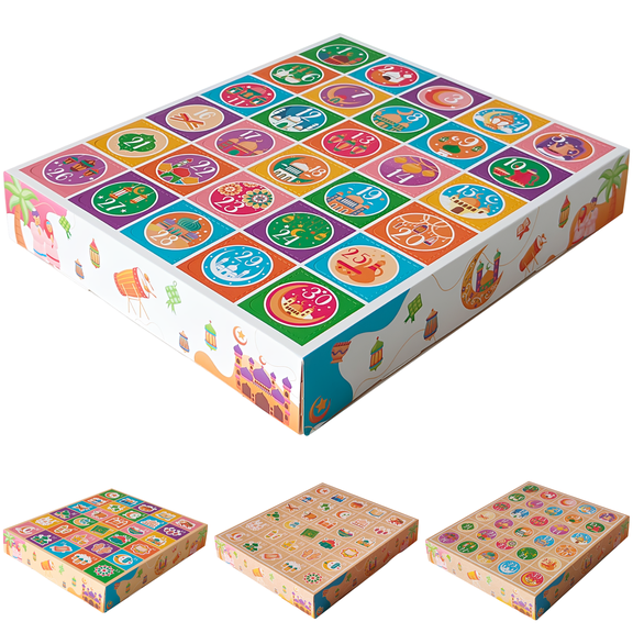 4 Pcs Ramadan Advent Calendar Box, Kraft Paper Islamic Present Containers with 30 Surprise Compartments, Diverse Patterns for Eid Party Favors, Candy, Chocolate Packaging