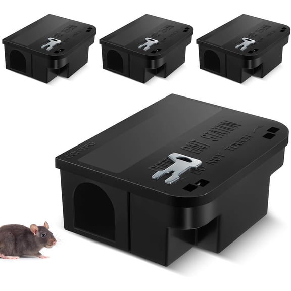 4 Pcs Rat Bait Station 8.86 x 7.28 3.62 Inches Traps with Openable Lid, Blocks Boxes Keys for Big Mouse, Keeps Children and Pets Safe Indoor & Outdoor, Not Included (Black)