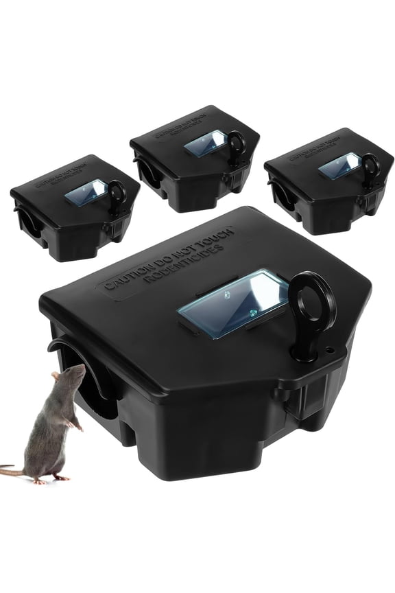 4 Pcs Rat Bait Station with Keys & Visible Window Indoor Outdoor for Rats Mice Squirrels Rodents, Reusable Traps for Storing Mouse Poisoning Bait Blocks, Safe Pest Control for Kids & Pets (Medium)