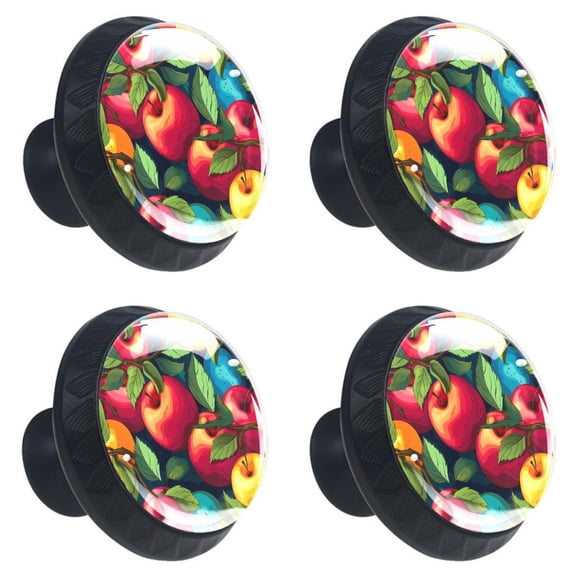 4 Pcs Red Apples Fruit Print Cabinet Knobs 30mm Round Crystal Glass Drawer Handles Pulls with Screws for Kitchen Cupboard Wardrobe Closet Dresser, Home&Office