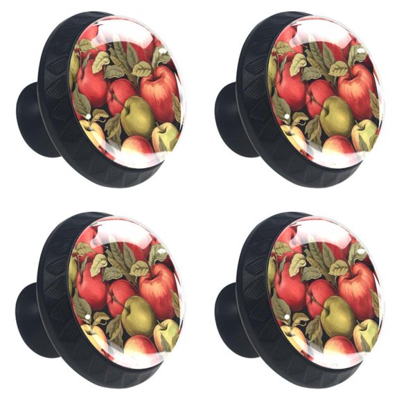 4 Pcs Red Apples Fruit Print Cabinet Knobs 30mm Round Crystal Glass Drawer Handles Pulls with Screws for Kitchen Cupboard Wardrobe Closet Dresser, Home&Office