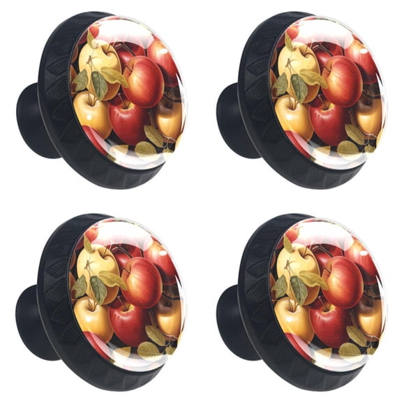 4 Pcs Red Apples Fruit Print Cabinet Knobs 30mm Round Crystal Glass Drawer Handles Pulls with Screws for Kitchen Cupboard Wardrobe Closet Dresser, Home&Office
