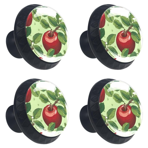 4 Pcs Red Apples Fruit Print Cabinet Knobs 30mm Round Crystal Glass Drawer Handles Pulls with Screws for Kitchen Cupboard Wardrobe Closet Dresser, Home&Office