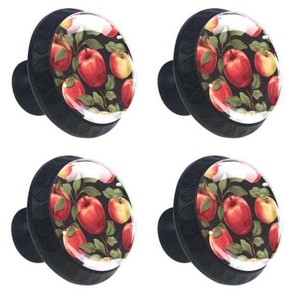 4 Pcs Red Apples Fruit Print Cabinet Knobs 30mm Round Crystal Glass Drawer Handles Pulls with Screws for Kitchen Cupboard Wardrobe Closet Dresser, Home&Office