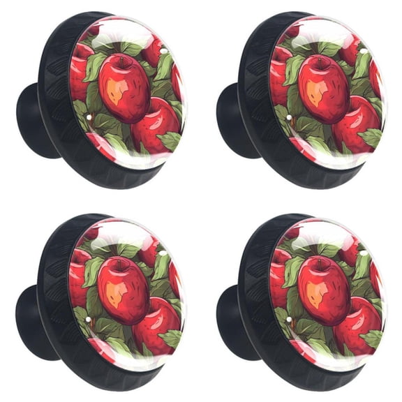 4 Pcs Red Apples Fruit Print Cabinet Knobs 30mm Round Crystal Glass Drawer Handles Pulls with Screws for Kitchen Cupboard Wardrobe Closet Dresser, Home&Office