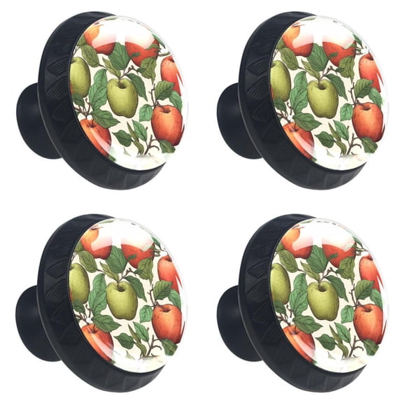 4 Pcs Red Apples Fruit Print Cabinet Knobs 30mm Round Crystal Glass Drawer Handles Pulls with Screws for Kitchen Cupboard Wardrobe Closet Dresser, Home&Office