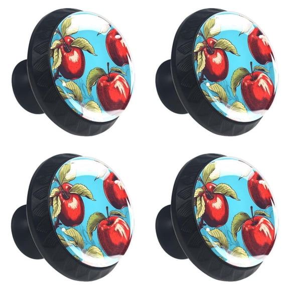 4 Pcs Red Apples Fruit Print Cabinet Knobs 30mm Round Crystal Glass Drawer Handles Pulls with Screws for Kitchen Cupboard Wardrobe Closet Dresser, Home&Office