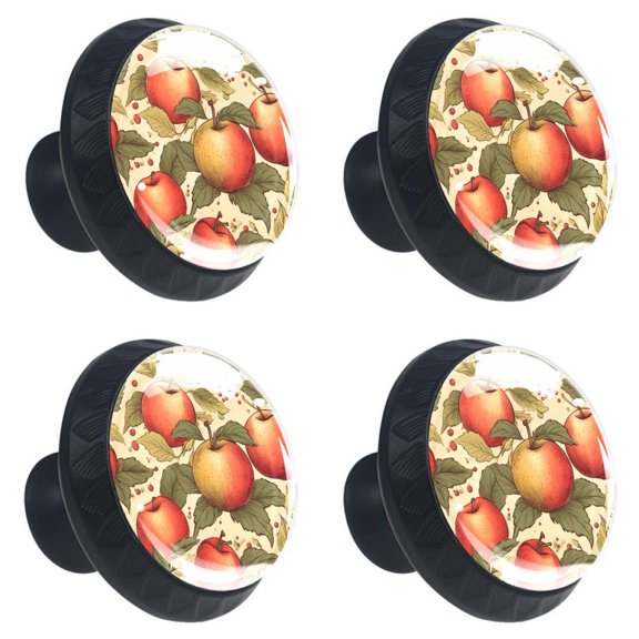 4 Pcs Red Apples Fruit Print Cabinet Knobs 30mm Round Crystal Glass Drawer Handles Pulls with Screws for Kitchen Cupboard Wardrobe Closet Dresser, Home&Office