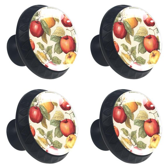 4 Pcs Red Apples Fruit Print Cabinet Knobs 30mm Round Crystal Glass Drawer Handles Pulls with Screws for Kitchen Cupboard Wardrobe Closet Dresser, Home&Office