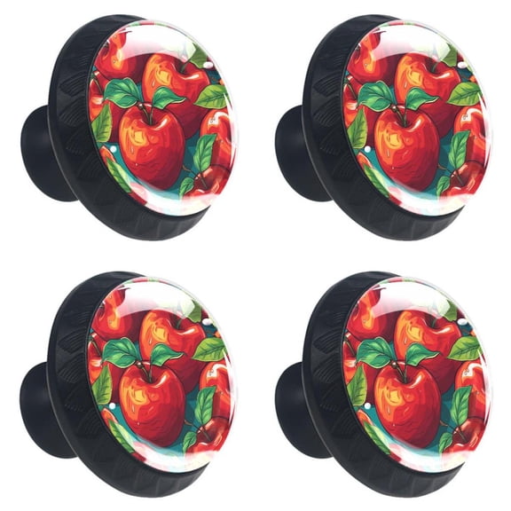 4 Pcs Red Apples Fruit Print Cabinet Knobs 30mm Round Crystal Glass Drawer Handles Pulls with Screws for Kitchen Cupboard Wardrobe Closet Dresser, Home&Office