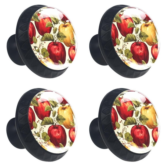 4 Pcs Red Apples Fruit Print Cabinet Knobs 30mm Round Crystal Glass Drawer Handles Pulls with Screws for Kitchen Cupboard Wardrobe Closet Dresser, Home&Office