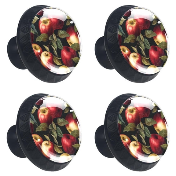 4 Pcs Red Apples Fruit Print Cabinet Knobs 30mm Round Crystal Glass Drawer Handles Pulls with Screws for Kitchen Cupboard Wardrobe Closet Dresser, Home&Office
