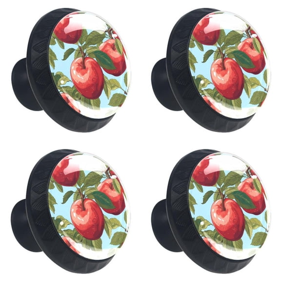 4 Pcs Red Apples Fruit Print Cabinet Knobs 30mm Round Crystal Glass Drawer Handles Pulls with Screws for Kitchen Cupboard Wardrobe Closet Dresser, Home&Office