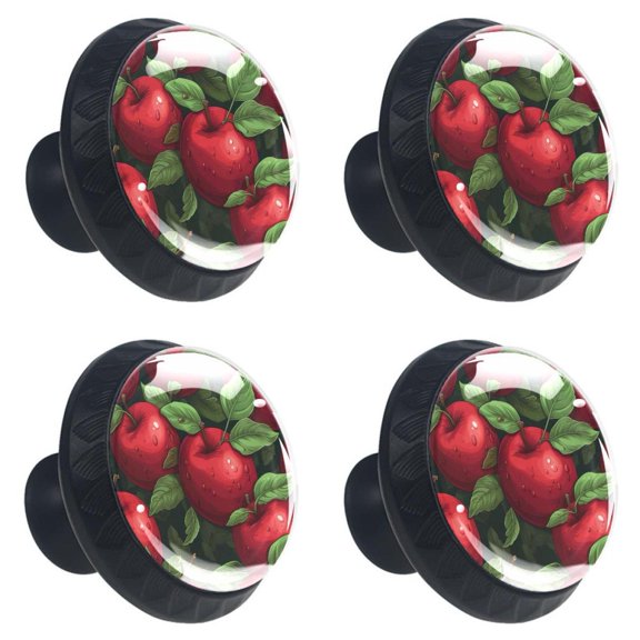 4 Pcs Red Apples Fruit Print Cabinet Knobs 30mm Round Crystal Glass Drawer Handles Pulls with Screws for Kitchen Cupboard Wardrobe Closet Dresser, Home&Office