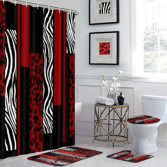 4 Pcs Red and Black Bathroom Sets with Shower Curtain and Rugs, Leopard Print Shower Curtain Sets with Rugs, Waterproof Shower Curtain with Toilet Lid Cover and Rugs for Bathroom Decor