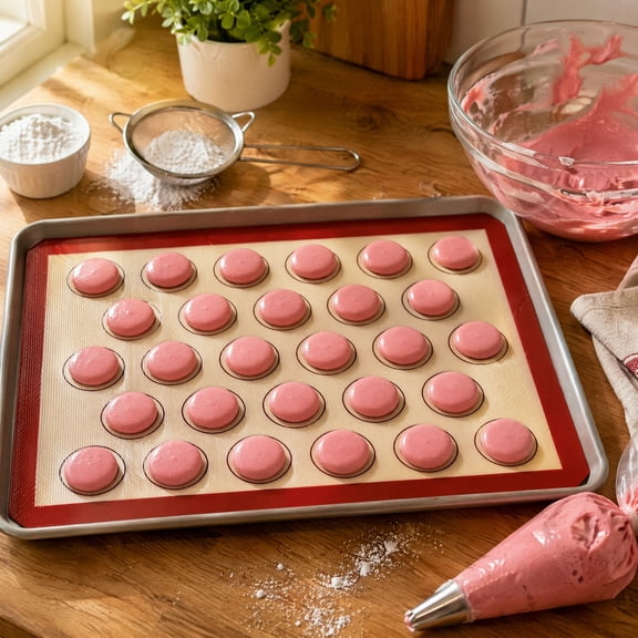 4 Pcs Red Border Silicone Baking Mats Set, Non Stick Macaron Pastry Liners, Reusable Oven Safe Silicone Sheets for Party Baking, Cookie Bread Dessert Making