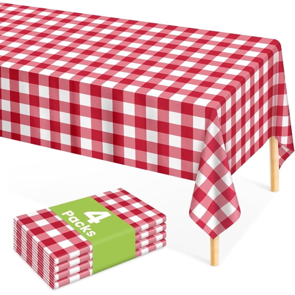 4 Pcs Red Checkered Tablecloth 54 108 Inches Rectangle Red Gingham Tablecloth Disposable Plastic Waterproof Table Cover for Outdoor Picnic, Kitchen, Holiday Birthday Party