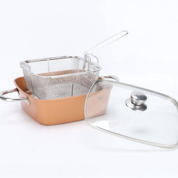 4Pcs Non Stick Copper Chef Cookware Set,4.8Qt Deep Square Pan with Fry Basket & Steamer Rack,9.5"x3.15"