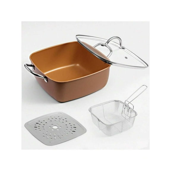 4 Pcs Red Copper Chef Cookware Non Stick Deep Frying Pan, Fry Basket, Steamer Rack, Dishwasher & Oven Applicable, 5 Qt Deep Square Pan, Induction Copper Cookware Set - 9.5" X 3.5"