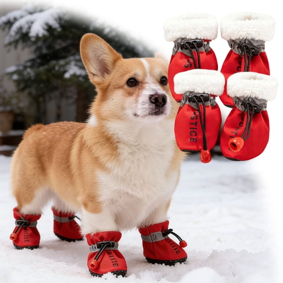 4 Pcs Red Dog Shoes for Winter Dog Snow Boots & Paw Protectors Warm Snow Booties for Puppy with Drawstring Warm Dog Booties for Small Medium Size Dogs(2.17x1.97 Inch)