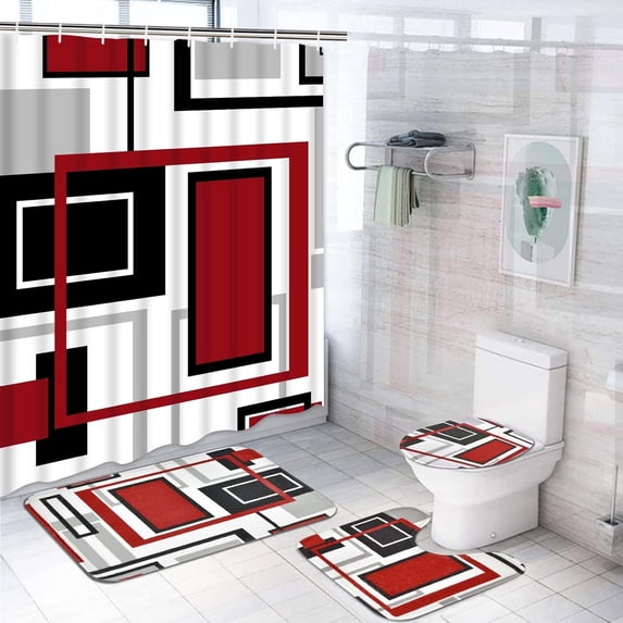 4 Pcs Burnt Orange Shower Curtain Sets with Non-Slip Rugs, Toilet Lid Cover and Bath Mat, Modern Abstract Geometric Shower Curtain with 12 Hooks, Black Grey Bathroom Set