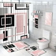 thumbnail image 1 of 4 Pcs Red Geometric Shower Curtain Sets with Non-Slip Rugs, Toilet Lid Cover and Bath Mat, Abstract Geometric Modern Shower Curtain with 12 Hooks, Black and Red Bathroom Set, 1 of 7