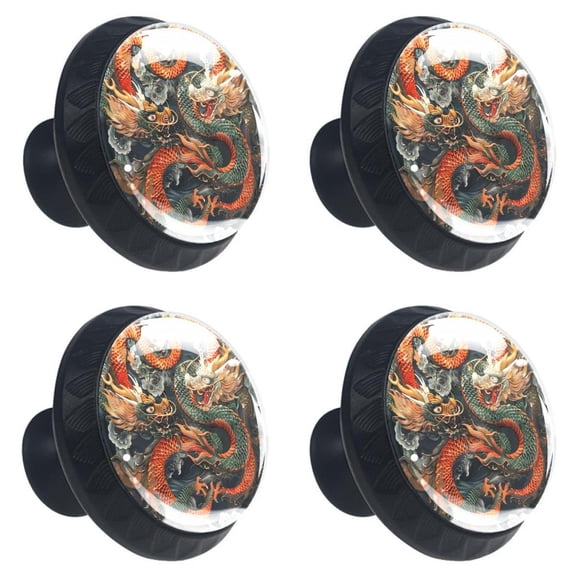 4 Pcs Red and Green Dragon Print Cabinet Knobs 30mm Round Crystal Glass Drawer Handles Pulls with Screws for Kitchen Cupboard Wardrobe Closet Dresser, Home&Office