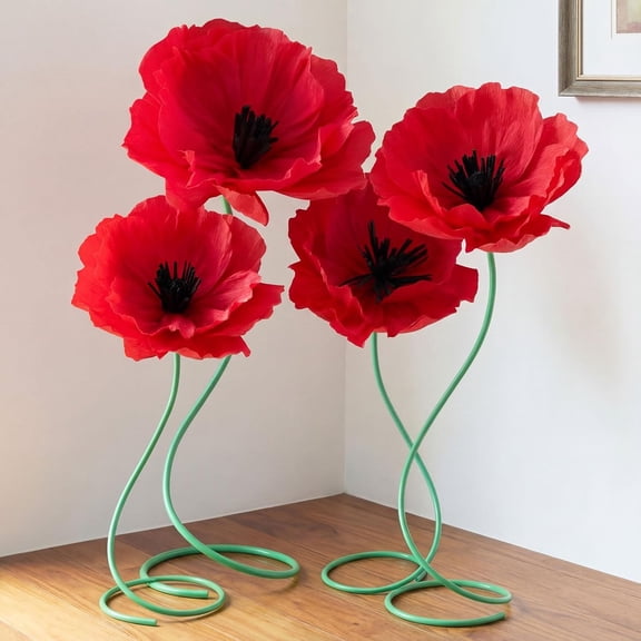 4 Pcs Red Large Paper Poppy Flowers 5 Ft Tall with Aluminum Stems for Party Wedding Garden Decoration