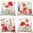thumbnail image 1 of 4 Pcs Red Poppy Floral Pillow Covers Spring Summer Fall Vintage Decorative Rustic Farmhouse Thorw Pillow Covers for Indoor Outdoor Sofa Living Room Paito Décor (18"X18"), 1 of 6