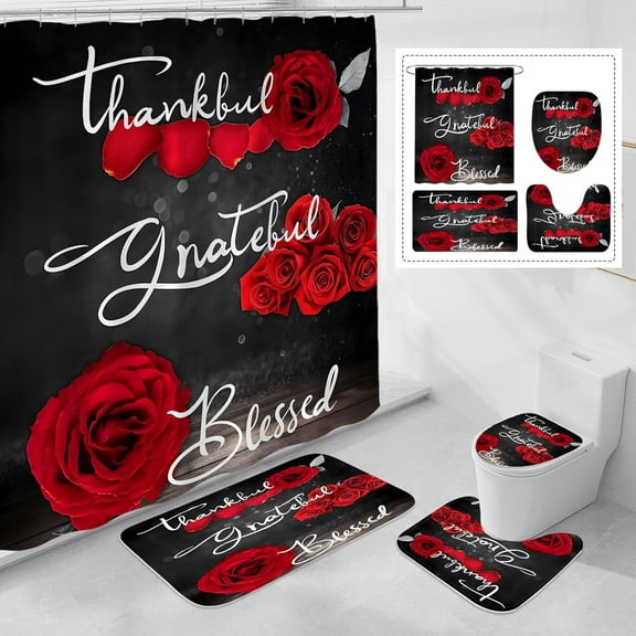 4 Pcs Red Rose Shower Curtain Set with Non-Slip Rugs, Toilet Lid Cover and Bath Mat, Thankful Grateful Blessed Romantic Showy Elegant Floral Bathroom Decor Set with Shower Curtain and Rugs