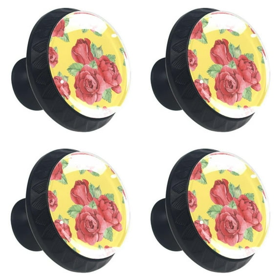4 Pcs Red Roses Yellow Knobs for Kitchen Cabinet Cupboard Dresser Bookcase Drawer Pulls Handles Round Home Decor