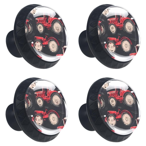 4 Pcs Red Tractors Print Cabinet Knobs 30mm Round Crystal Glass Drawer Handles Pulls with Screws for Kitchen Cupboard Wardrobe Closet Dresser, Home&Office