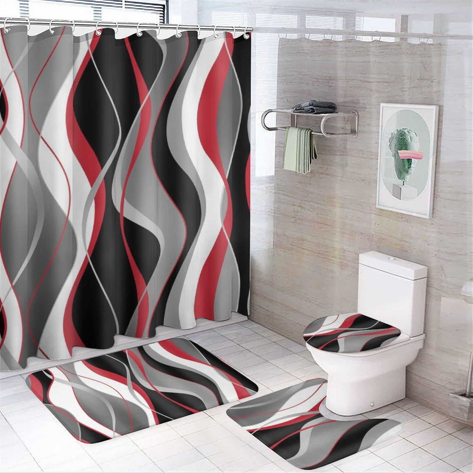 4 Pcs Red and Black Striped Shower Curtain Set Modern Home Bathroom