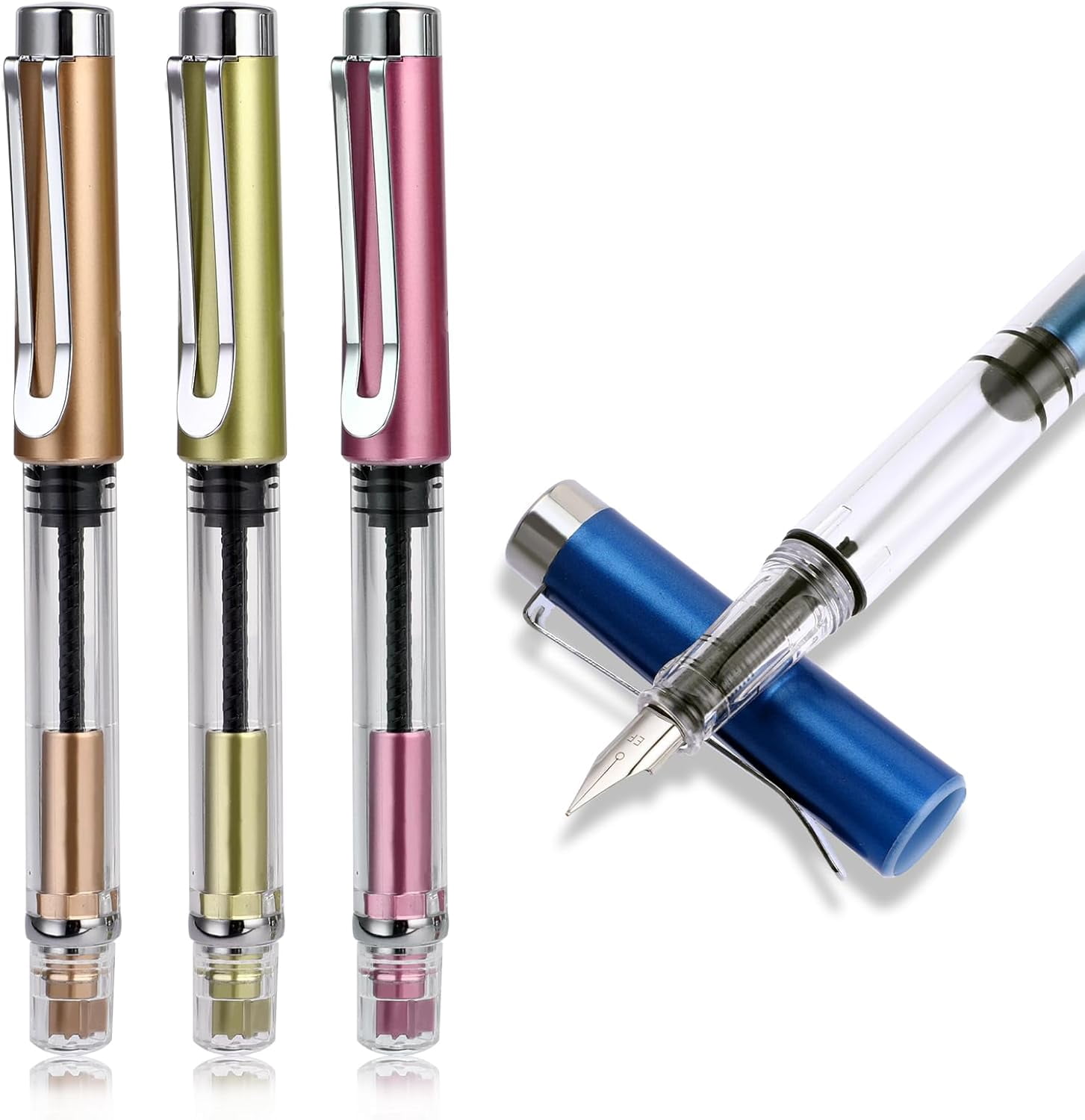 4 Pcs Refillable Fountain Pen Transparent Caligraphy Pens for Writing Upgrated Fine Nib Piston Filling