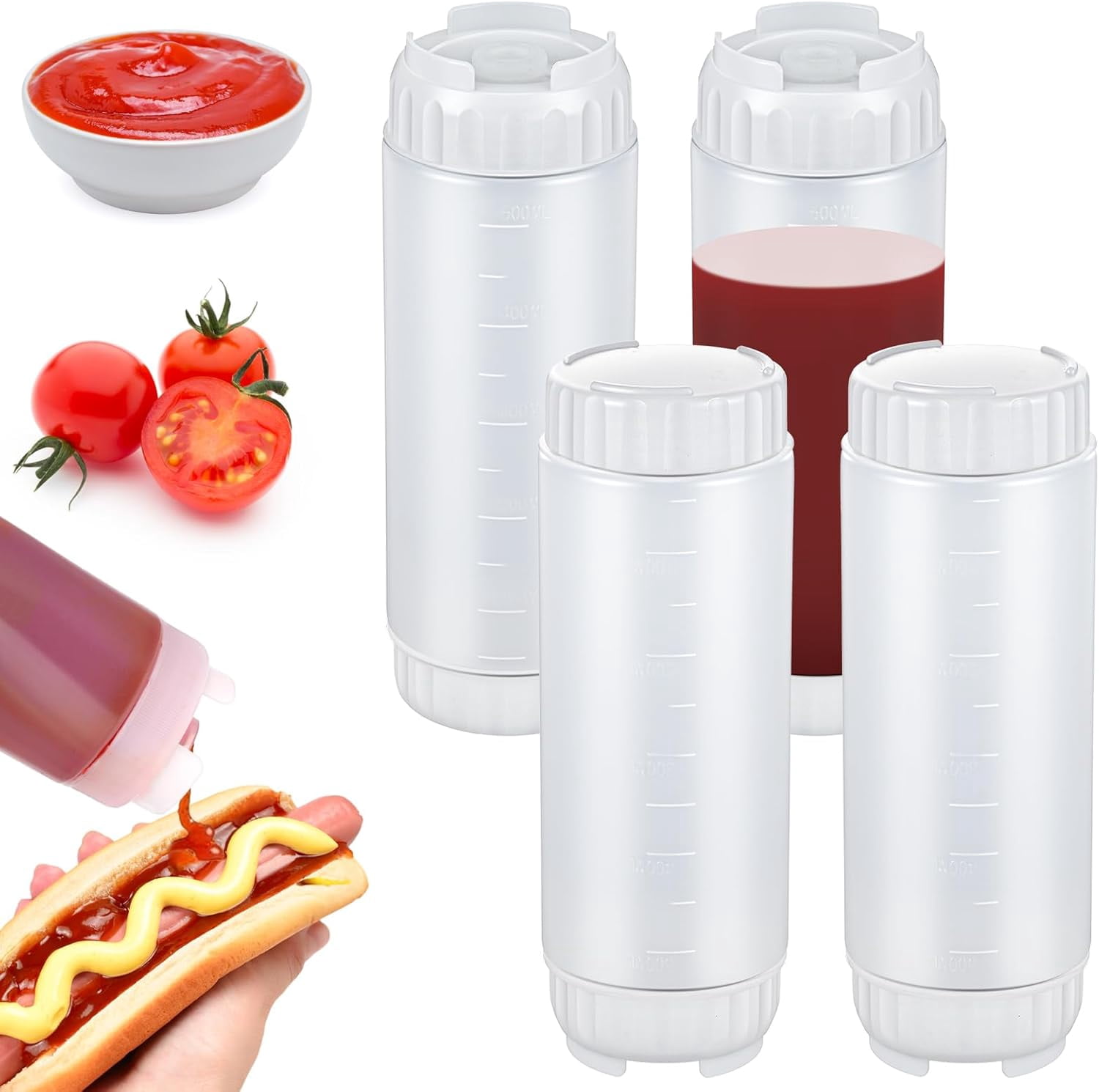 4 Pcs Refillable Squeeze Bottles 20 oz Large Condiment Bottle Inverted Plastic Tip Sauce Dispenser for Sauces Ketchup Sour Cream Self Sealing Syrup Restaurants(White)
