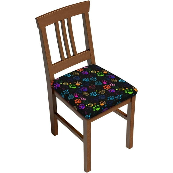 4 Pcs Removable Chair Seat Covers for Dining Room, Colorful Dog Paw Print Stretchable Wedding Party Chair Slipcovers Cushion Protector Black Furniture Decor, 16.9x16.9 Inches