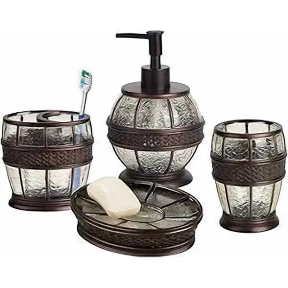4 Pcs Resin Bath Accessory Set for Vanity Countertops with Soap Dish, Toothbrush Holder, Tumbler, Soap and Lotion Pump | Oil Rubbed Bronze Finish