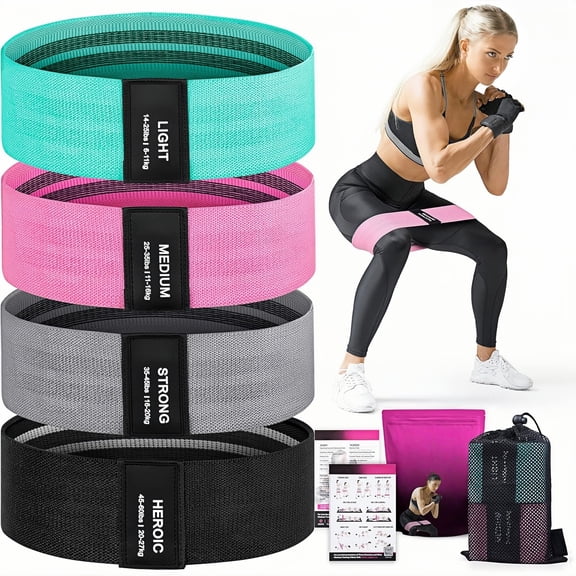 4 Pcs Resistance Bands for Full Body Training - Non-Slip Fabric Booty Bands with Carry Bag, 4 Levels